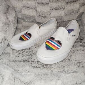White Slip-On Vans with Rainbow Heart